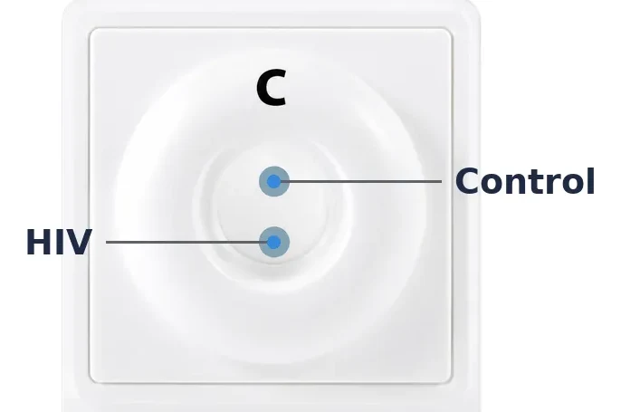Close-up of the INSTI test result window with the control (C) and HIV dots labelled
